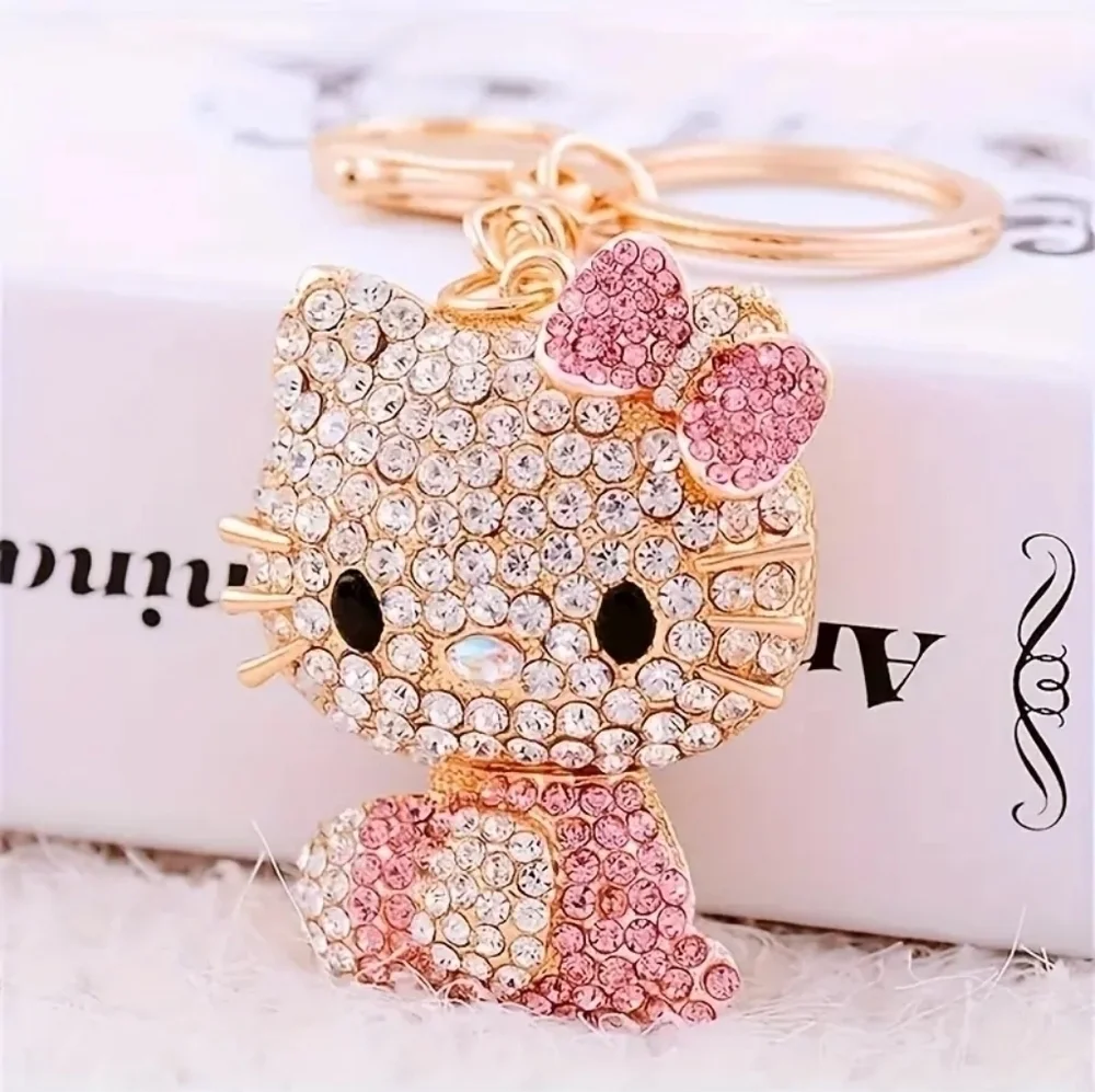 Hello Kitty Rhinestone Keychain Pink and Gold Tone